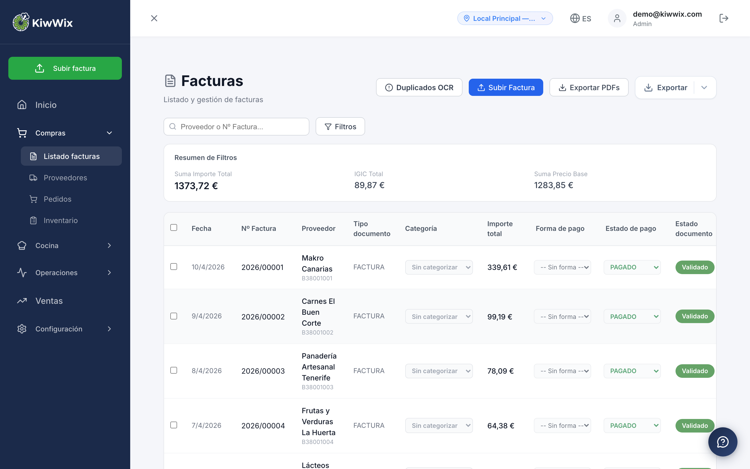 Listado de facturas con OCR procesado en KiwWix Manager