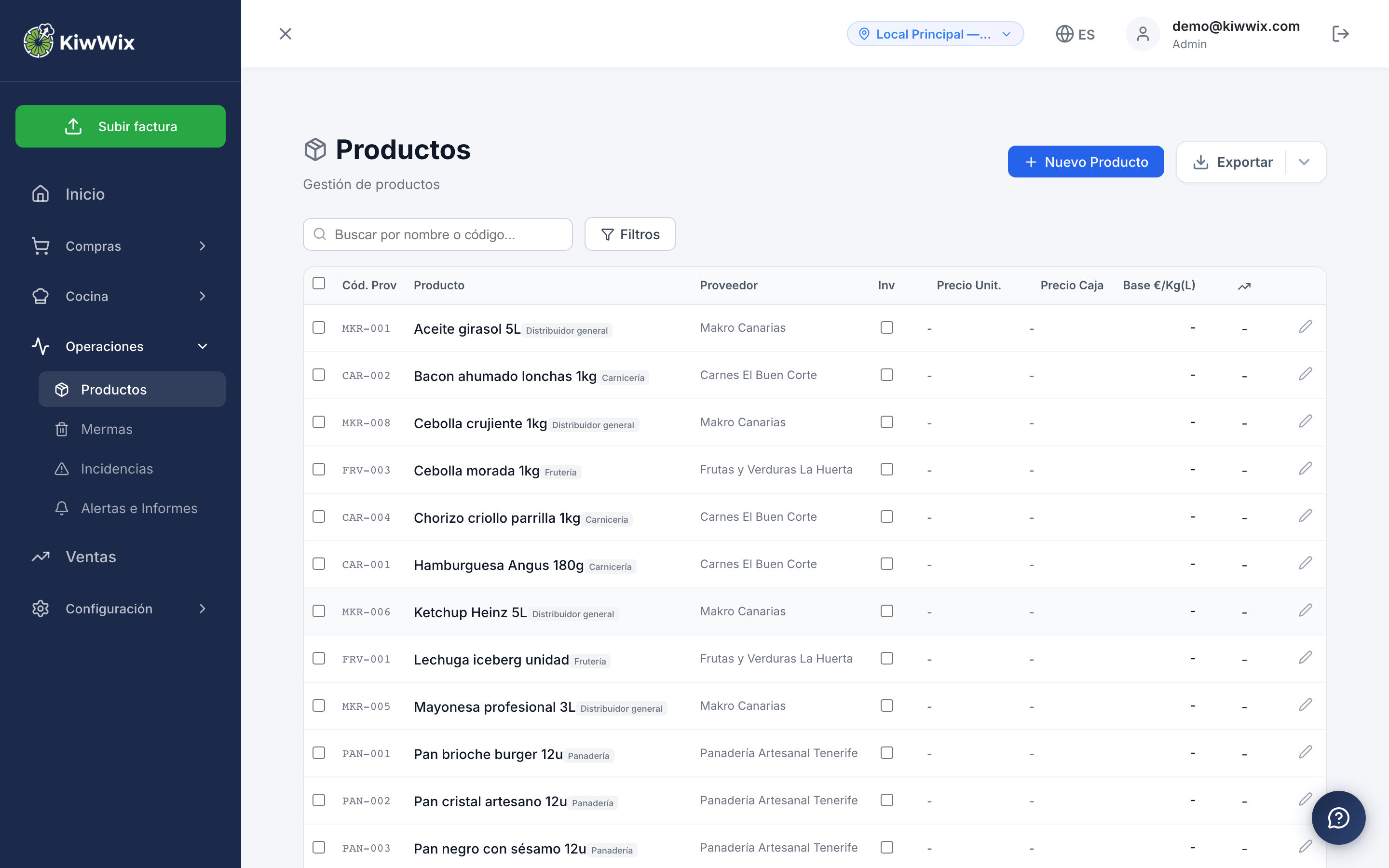 Catálogo de productos con proveedor, categoría y código